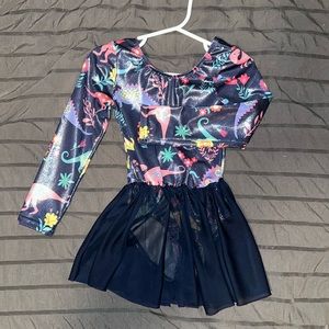 Girls leotard. Navy blue. Dinosaur pattern with tutu attached.